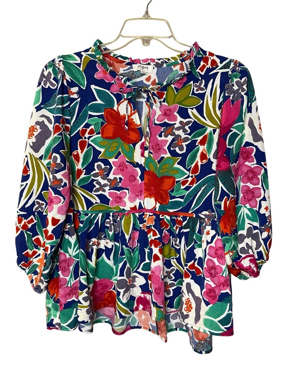 Umgee Tops - Umgee Navy Multicolor Floral Tie-Neck Peasant Blouse Sz L